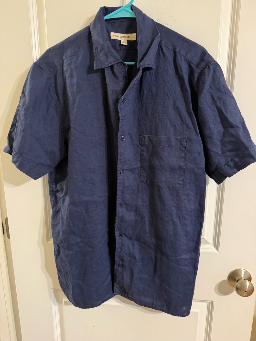 Pronto Uomo Navy Short-Sleeve Button-Down Linen Shirt - Picture 1 of 4